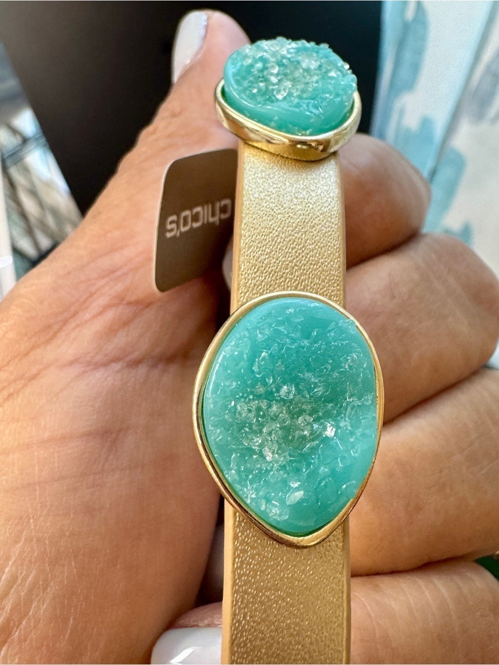 Chico's Gold Leather Bracelet with Aqua Green Druzy Stone - Picture 6 of 7